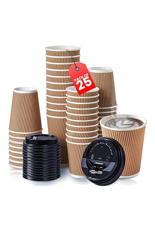 Duravel 25Pcs 8oz Ripple Coffee Cups with Lids Disposable Cups for Takeaway Coffee, Tea or Hot Drinks -Brown