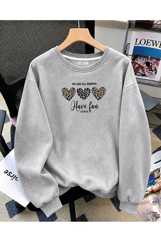 Women's Have Fun Three Hearts Printed Comfortable Fit Crew Neck Gray Sweatshirt