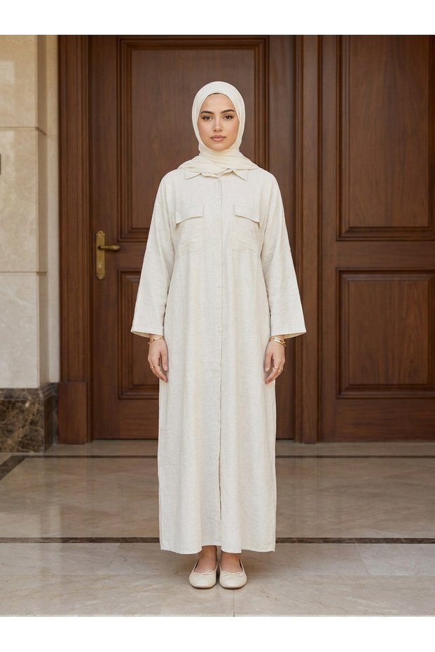 Women's Hijab Dress with Adjustable Sleeves and Pocket Detail, Buttoned Throughout, Long Shirt Dress