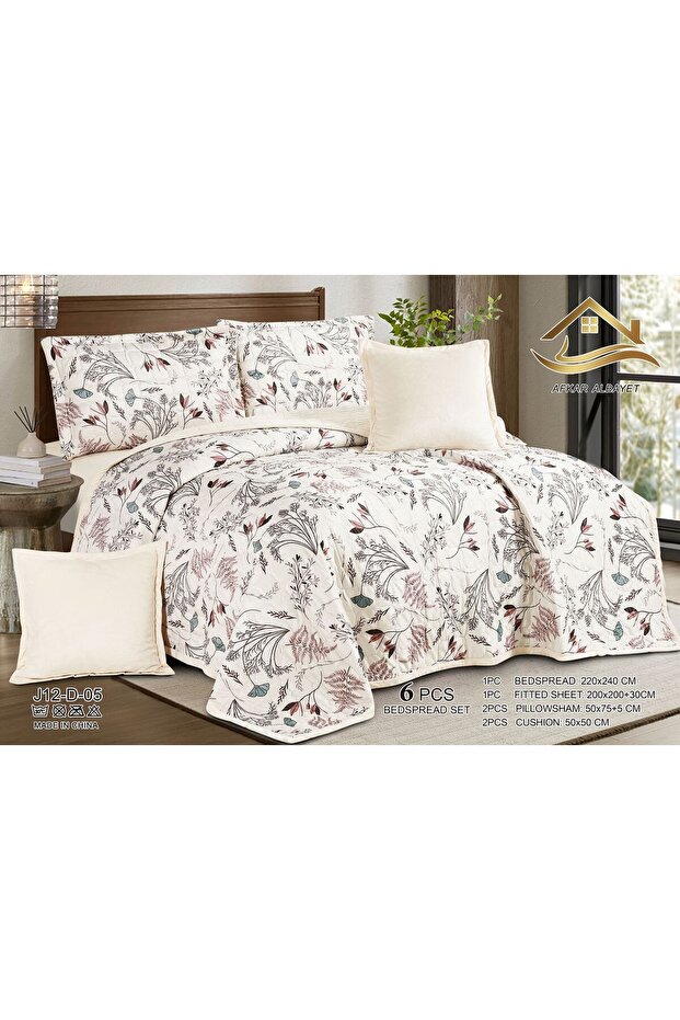 Nefren Premium Quality Velvet Compressed Bedding Set - 6 Pieces Quilted Rose Pattern with Elastic Sheet