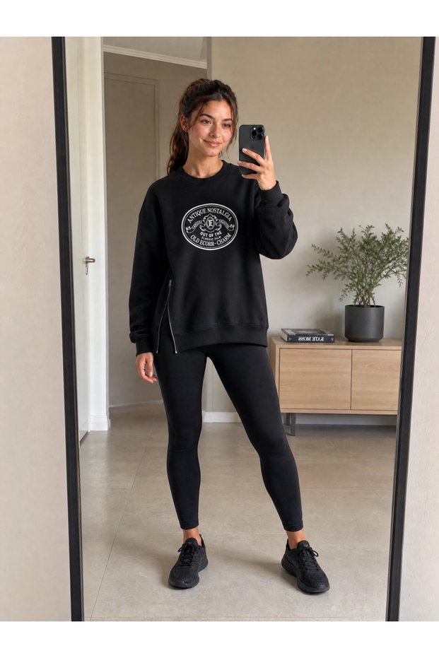 Women's Black Printed Modern Design Black Oversize Sweatshirt with Side Zipper Detail