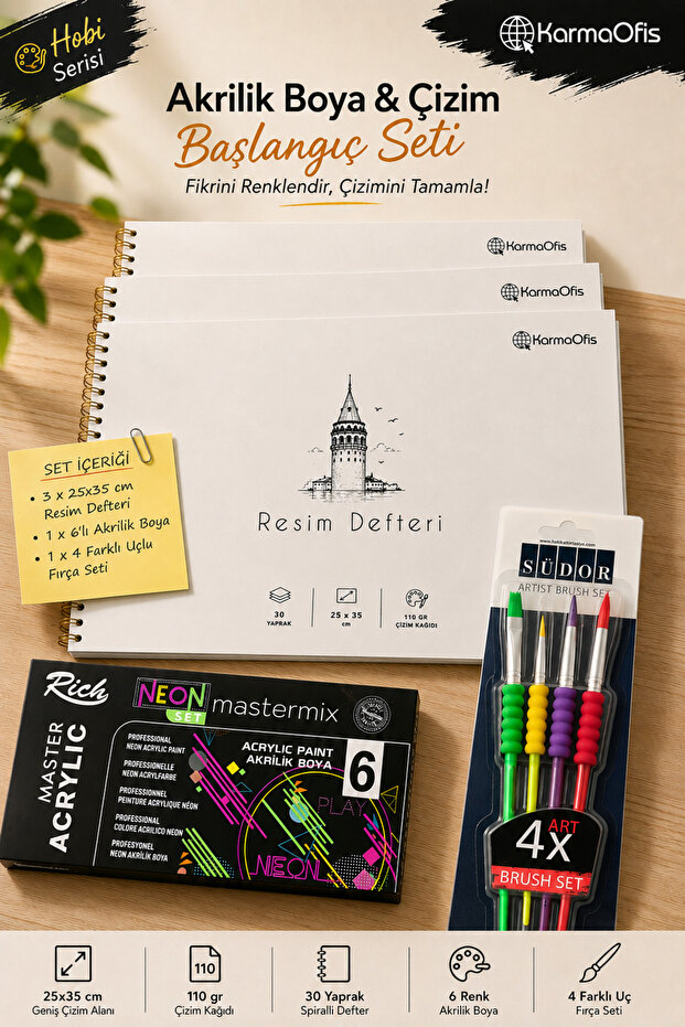 6-Piece Metallic Acrylic Paint and 3-Piece Art Notebook Hobby Set 25X35 cm 110 Gr – 6 Color Paints and 4-Piece Brush Set