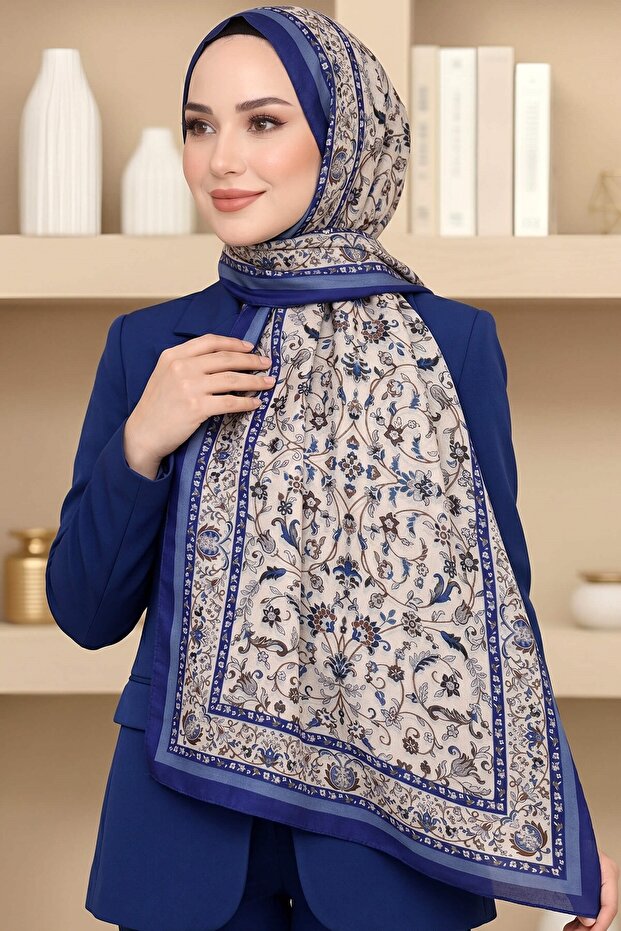 Women's Blue Floral Patterned Soft Shawl