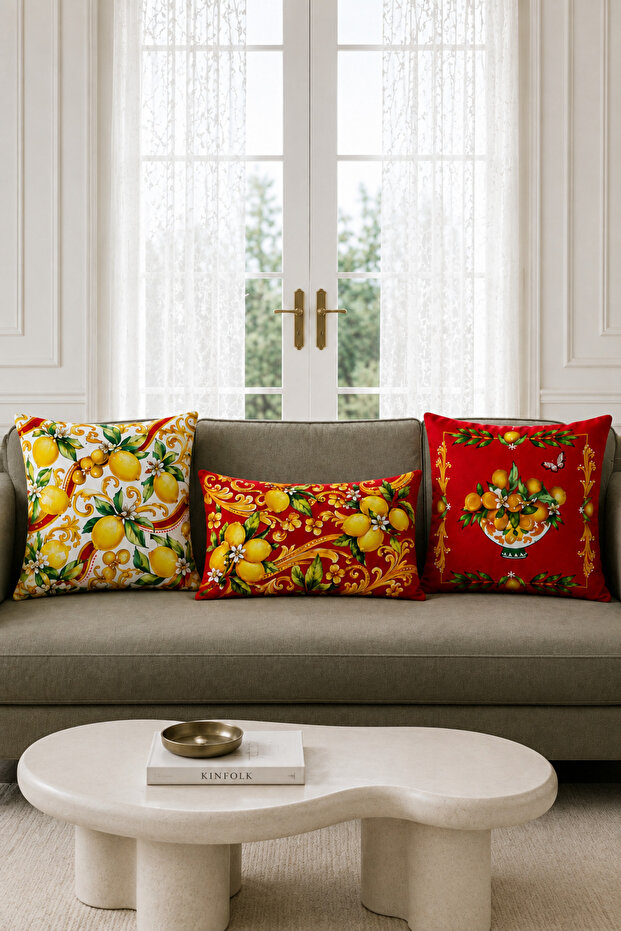 Red Baroque Lemon Patterned 3-Piece Throw Pillow Cover Set