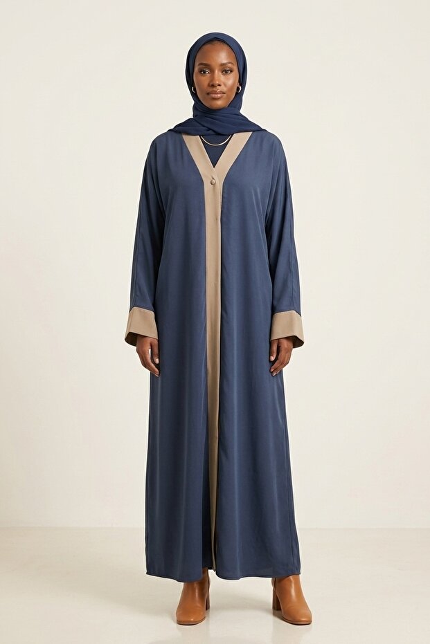 Elegant Slate Blue Open Front Abaya with Beige Trim - Zainab | Modest Long Sleeve Maxi Dress