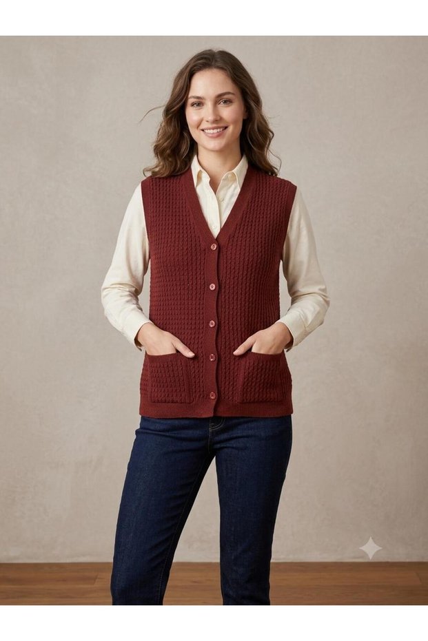Women's Black V-Neck Hair Knit Detailed Pocketed Buttoned Knitwear Vest, Compatible with Sizes 38-42