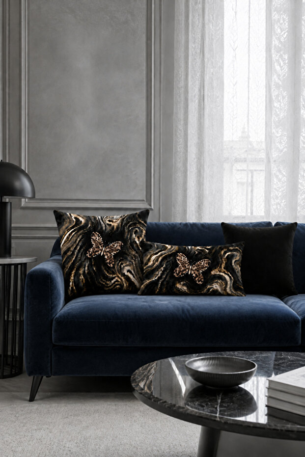 Gold Butterfly Marble Patterned 3-Piece Throw Pillow Cover
