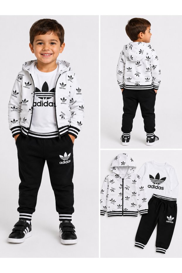 Children's Hooded Zippered 3-Piece Set Printed Sweatshirt T-Shirt and Sweatpants