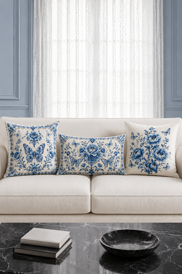 Blue Rose Butterfly 3-Piece Decorative Throw Pillow Cover