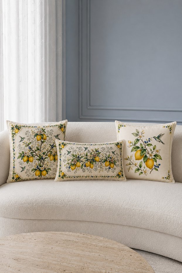 Botanical Bird Lemon 3-Piece Throw Pillow Cover
