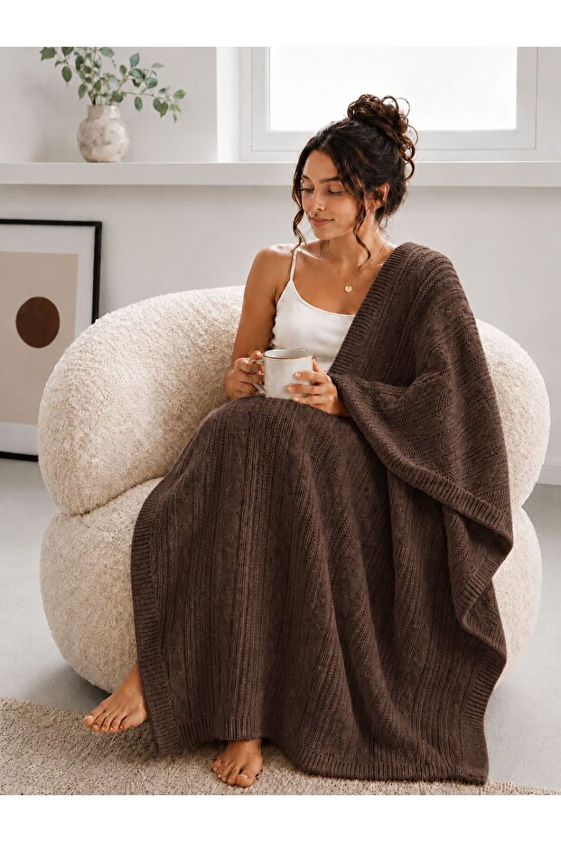 Tri̇ko Wool Knitted Tv Blanket-Sofa Shawl-Shoulder Shawl-Knee Blanket