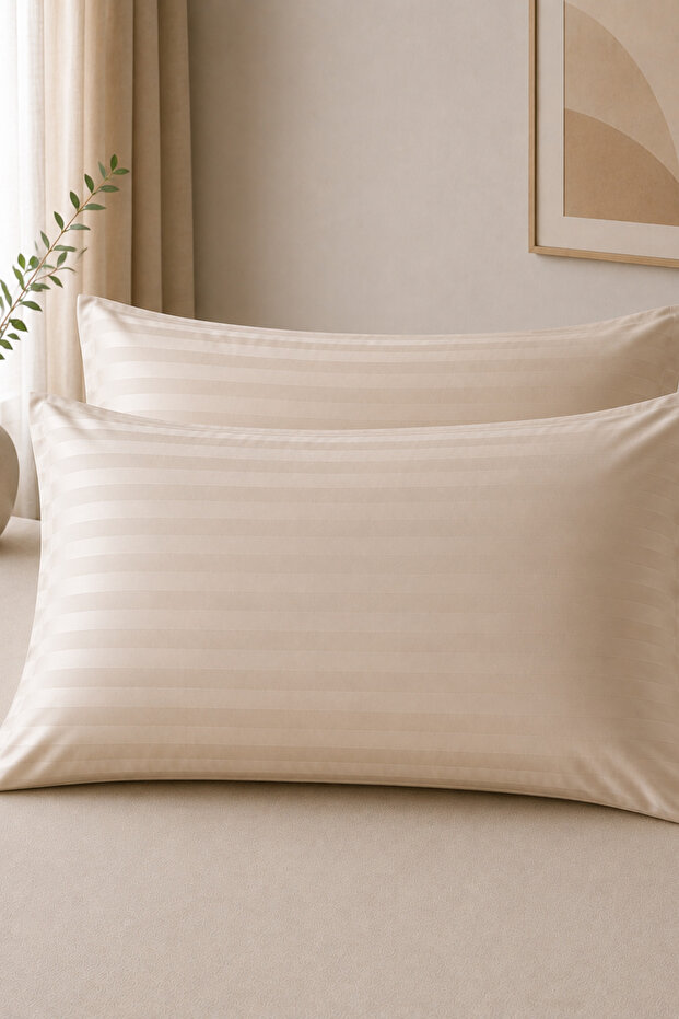 Set of 2 Cotton Satin Striped Pillowcases - 83 Thread Count (210 Tc) Beige 50X70