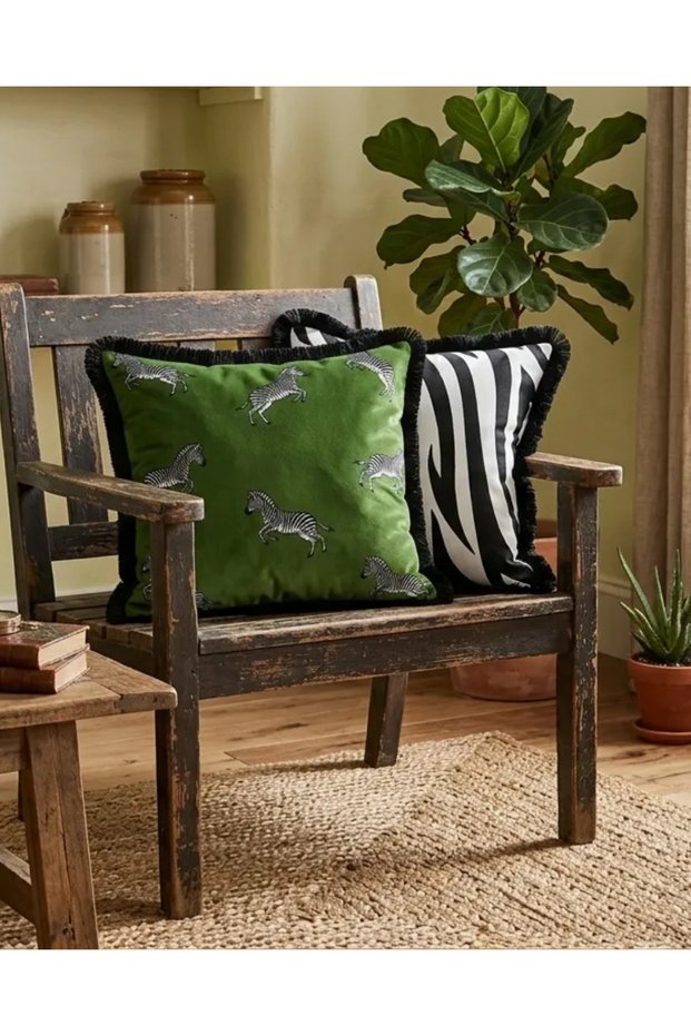 Green Colored and Black-White Zebra Patterned 2-Piece Throw Pillow Set