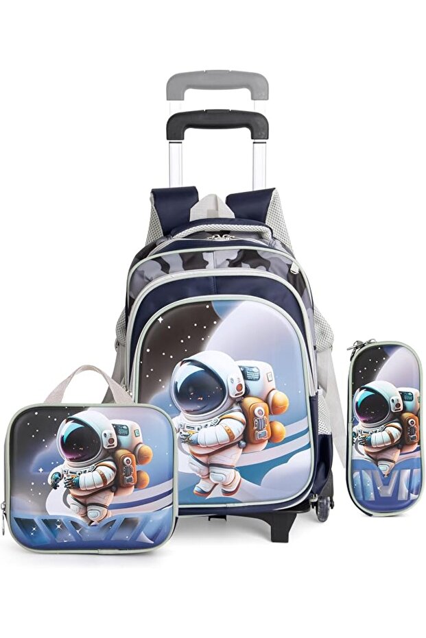 School Bag, Children's School Backpack, Student Backpack with Pencil Case, Lunch Bag, Wheeled Base, Car Pattern
