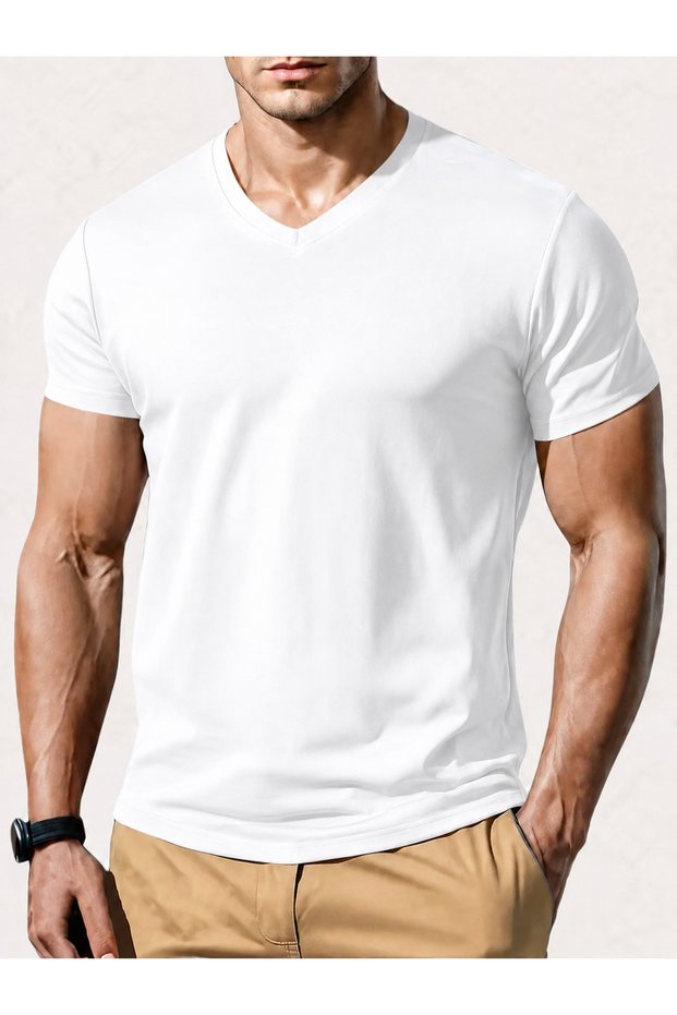 Regular Fit Unprinted Plain 100% Cotton V-Neck Men's T-Shirt