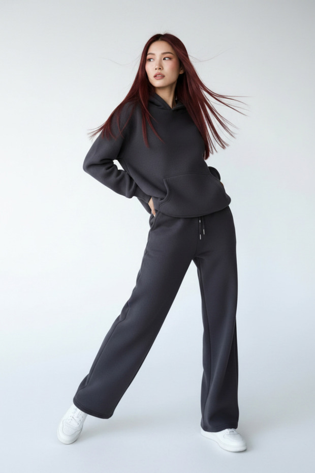 Women's Three-Thread Ribbed Tracksuit Set – Oversized Hooded Sweatshirt and Relaxed-Fit Pants