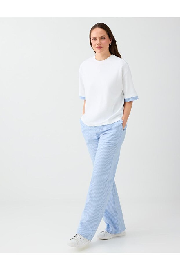 Blue Striped Relaxed Fit Cotton Poplin Trousers