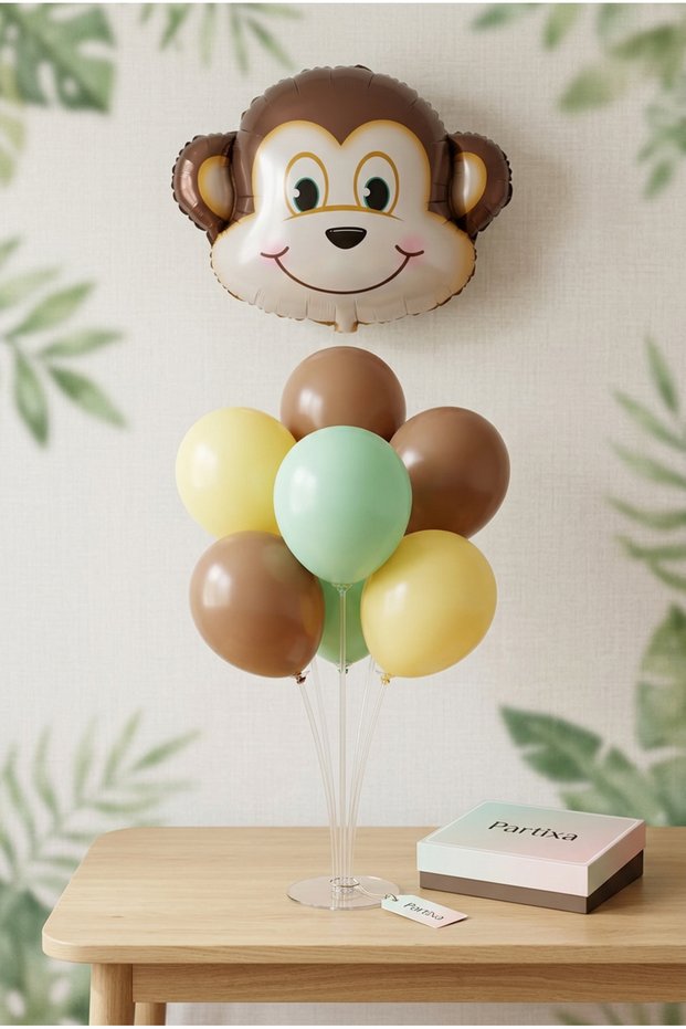 Safari Monkey Head Balloon Stand Set | Transparent 7-Piece Stand + Safari Monkey Foil Balloon + 7 Latex Balloons