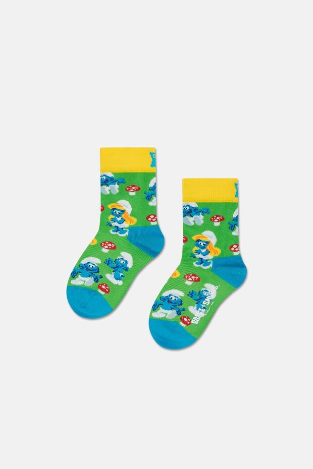 - 7-9 Years Old Green Smurfs and Mushroom Patterned Children's Cotton Socks
