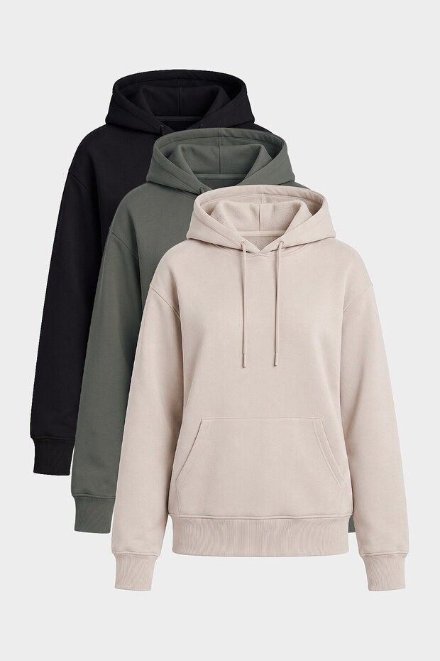 Standard Hooded 3-Pack Black-Khaki-Beige Women's Sweatshirt - 97321