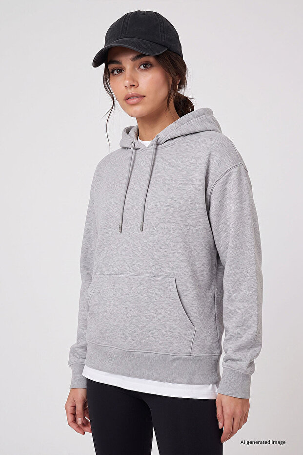 Gray Melange Standard Hooded Basic Women's Sweatshirt with Kangaroo Pocket - 97321