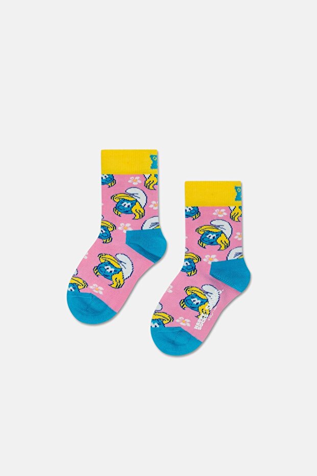 - Light Pink Smurfette and Floral Patterned Children's Cotton Socks for 4-6 Years Old