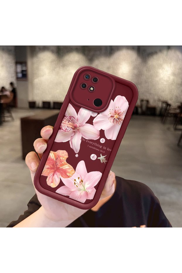 Xiaomi Redmi 10C Compatible Case Camera Protective Flower Case Maroon Lover Couple Silicone Phone Case
