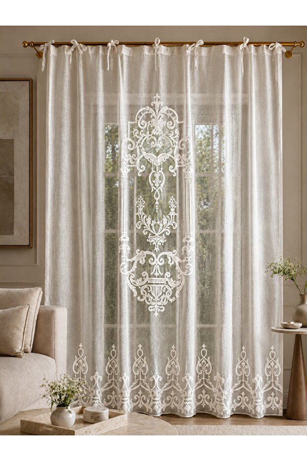 Versay Linen Look Panel Curtain with Ecru Embroidery