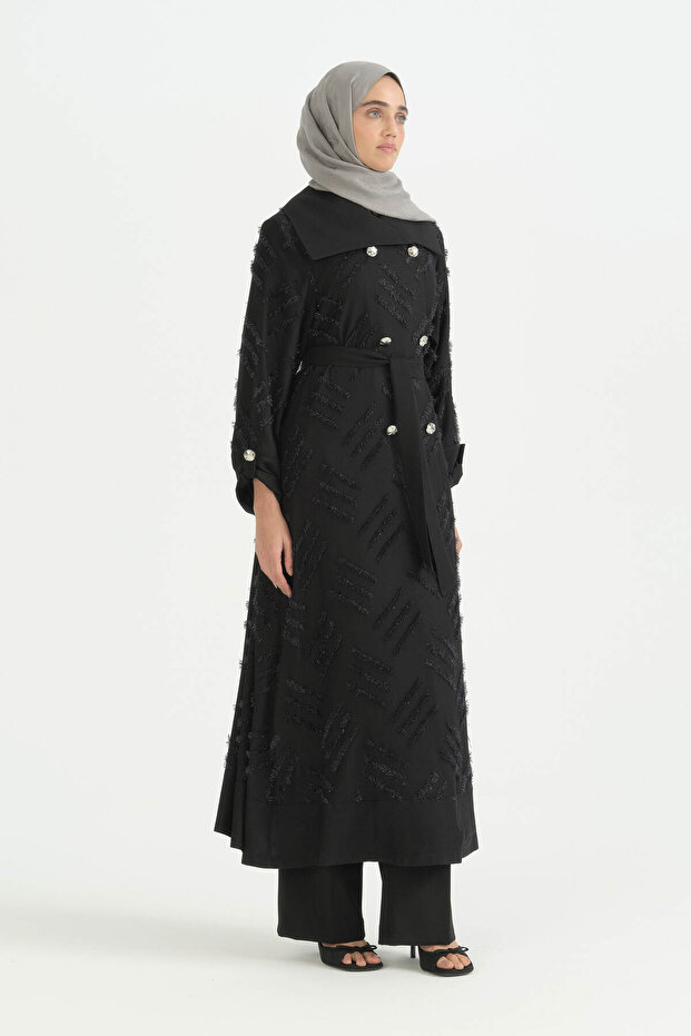 Double-Breasted Shiny Abaya - Black