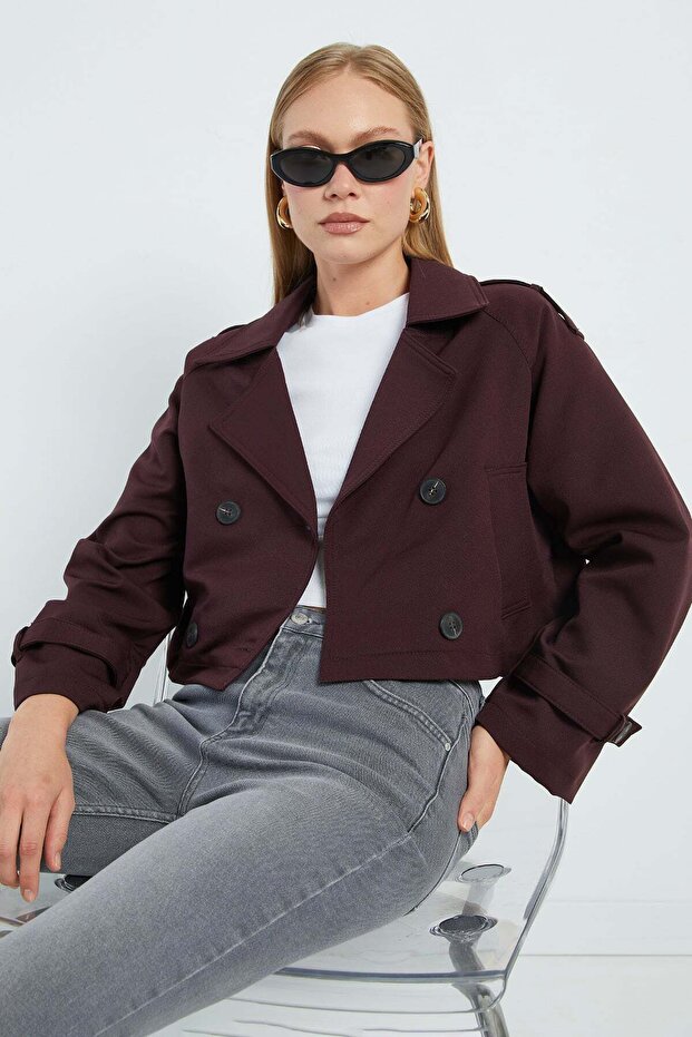 Double-Breasted Collar Double-Pocket Crop Trench Coat