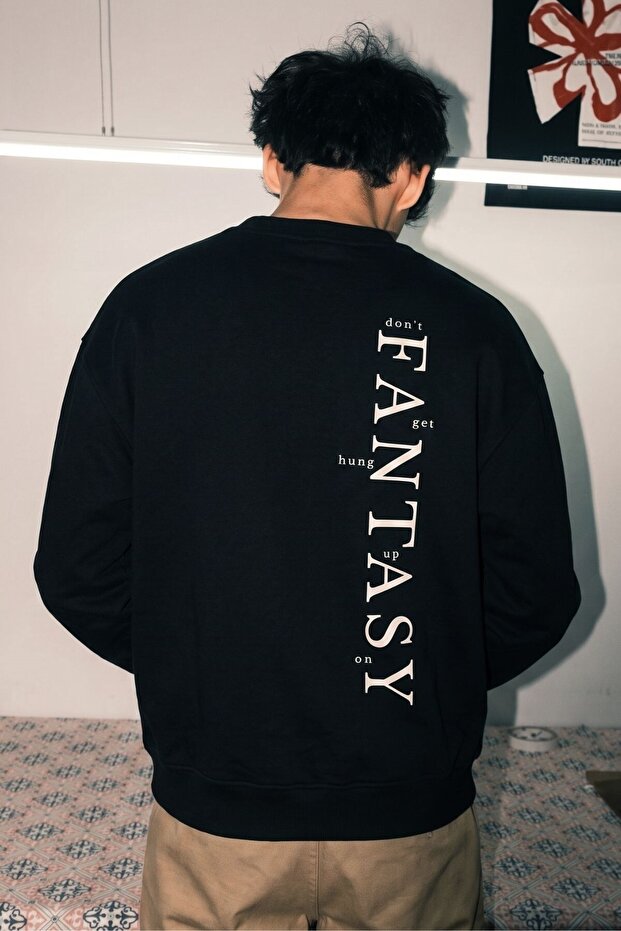 Men's Oversize Sweatshirt Fantasy Back Printed Black – Crew Neck, 3 Thread Raster Fleece