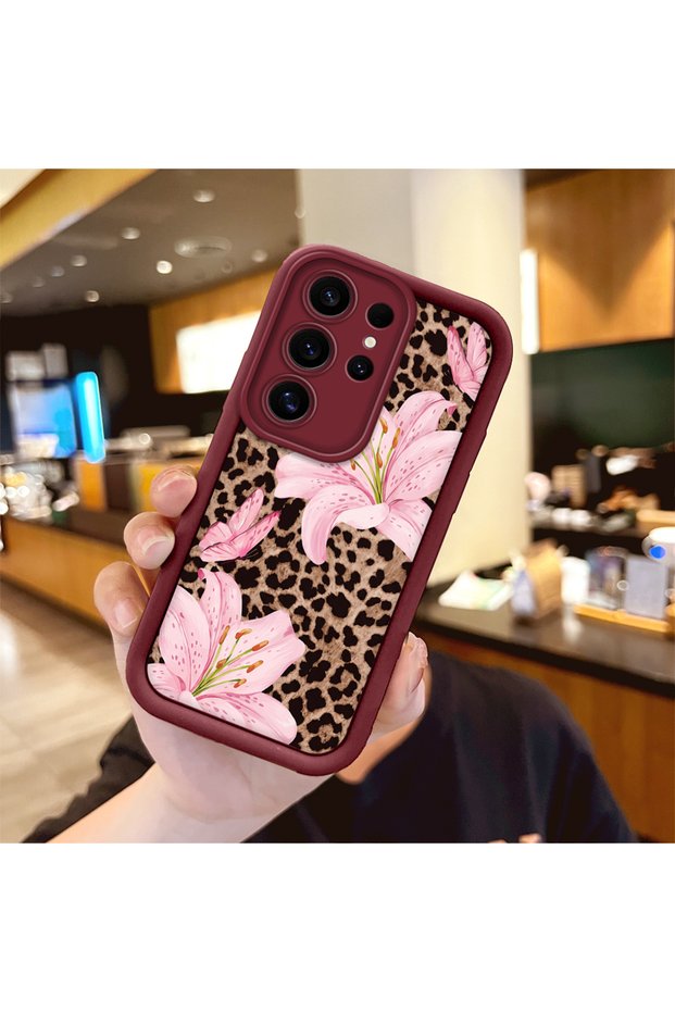 Samsung Galaxy S25 Ultra Compatible Case Camera Protective Floral Case Burgundy Lover Couple Silicone Phone Case