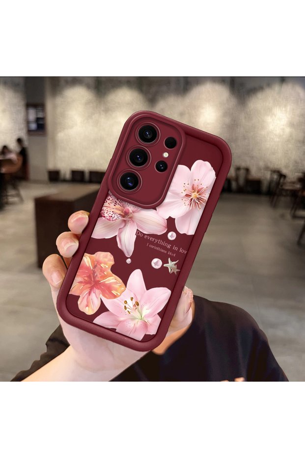 Samsung Galaxy S24 Ultra Compatible Case Camera Protective Flower Case Burgundy Lover Couple Silicone Phone Case