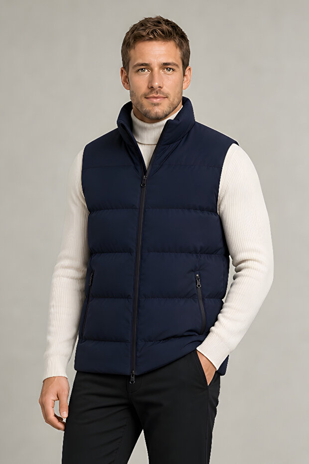 Men's Navy Blue Nova Fabric Stand Collar Waterproof Zippered Inflatable Vest