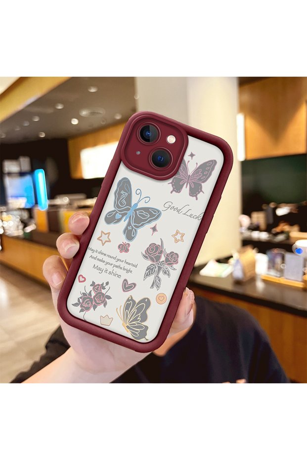 iPhone 15 Compatible Case Camera Protector Heart Pattern Claret Red Lover Couple Silicone Phone Case