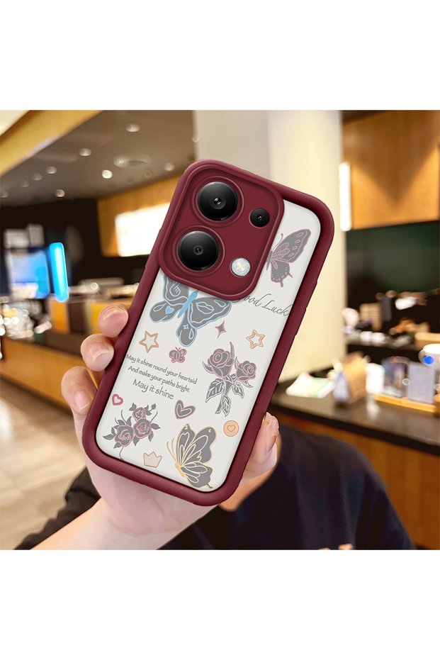 Xiaomi Redmi Note 14S Compatible Case Camera Protector Heart Pattern Burgundy Lover Couple Silicone Phone Case