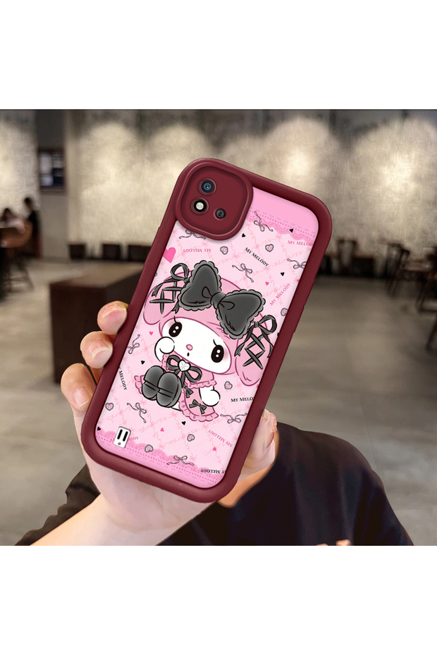 Realme C20/C20A Compatible Case Camera Protector Cartoon Pattern Maroon Lover Couple Silicone Phone Case