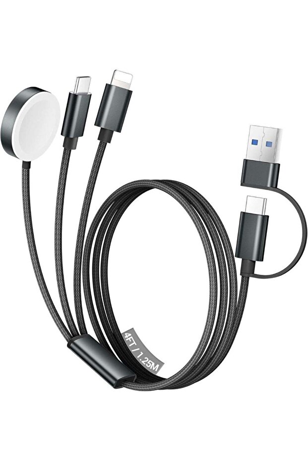 كابل شحن متعدد الاستخدامات، 3 في 2 USB-C، لساعة أبل، آيفون 17/16/15، لايتنينج، مغناطيسي، شحن سريع، 4 أقدام أسود، للسفر والتخييم