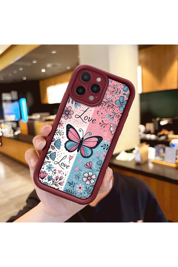 iPhone 12 Pro Max Compatible Case Camera Protector Stitch Pattern Maroon Lover Couple Silicone Phone Case