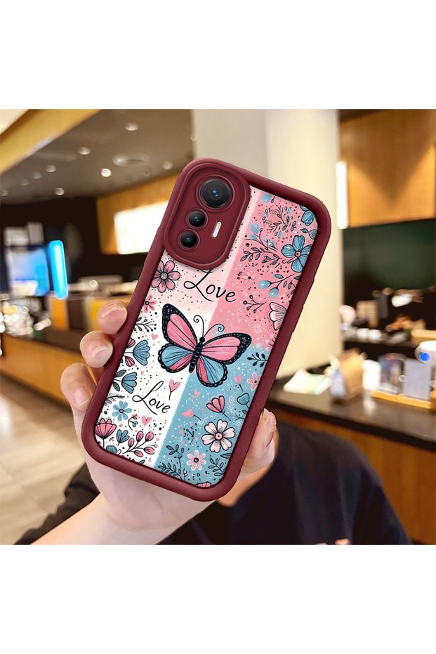 Xiaomi Mi 12 Lite Compatible Case Camera Protector Stitch Pattern Maroon Lover Couple Silicone Phone Case