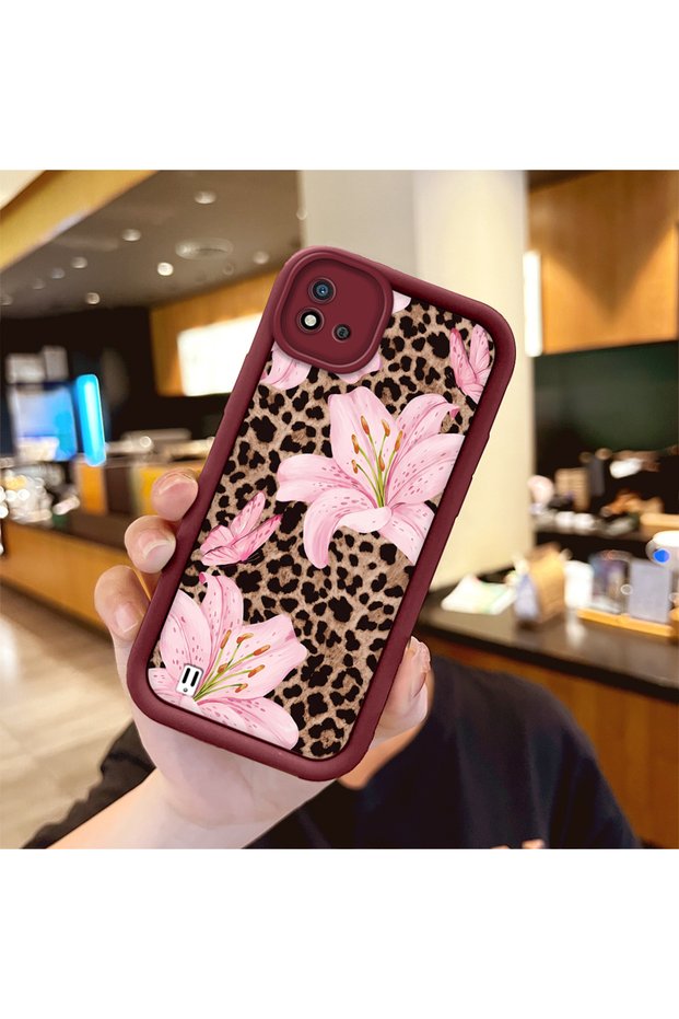 Realme C20/C20A Compatible Case Camera Protective Flower Case Maroon Lover Couple Silicone Phone Case