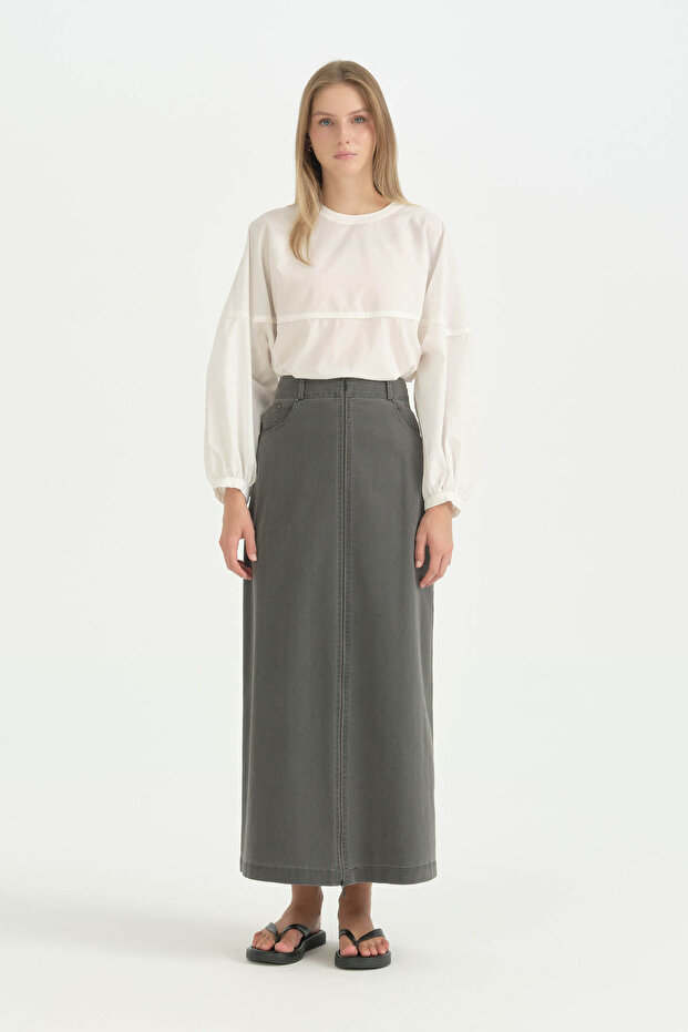 Front Zippered Denim Cotton Skirt - Smoked