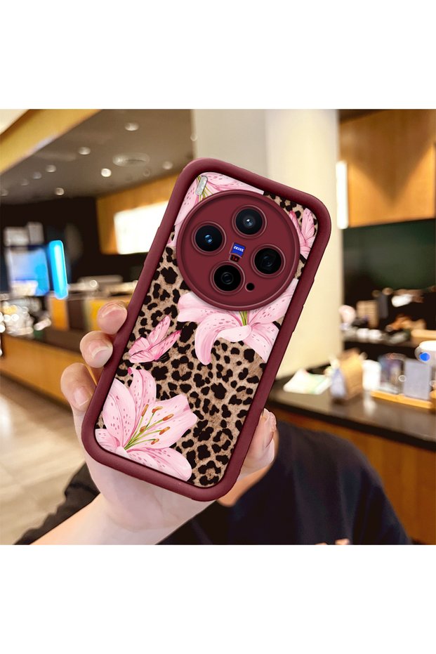 Vivo X300 Compatible Case Camera Protector Flower Case Burgundy Lover Couple Silicone Phone Case