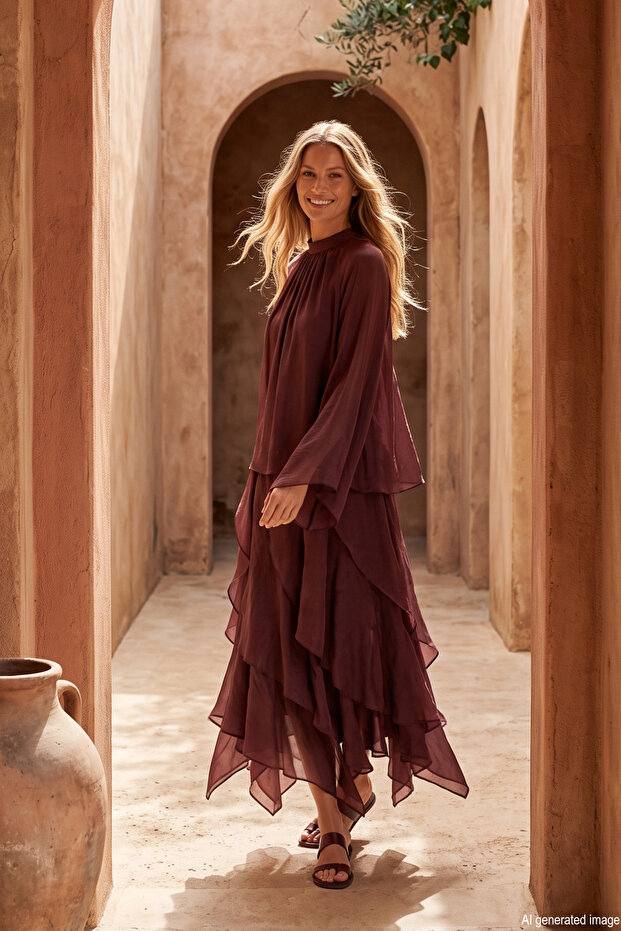 Ruffle Detail Blouse and Skirt Set 220895 Plum