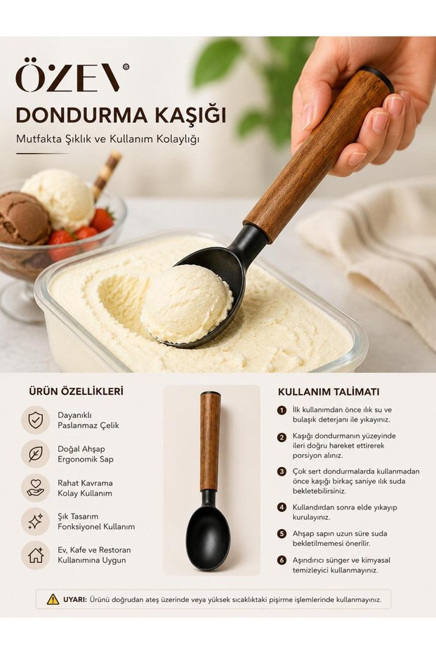 Ice Cream Spoon-Akasya Handle-Stainless Steel-Black Color