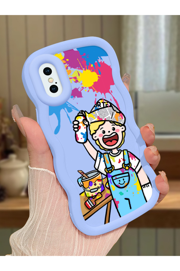 iPhone XS Compatible Case Camera Protector Blue Silicone Lover Couple Phone Case Cartoon Pattern