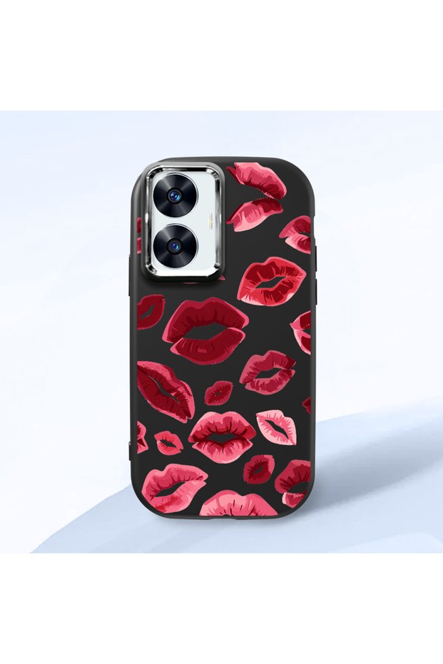 Realme C55 Compatible Case Camera Protector Black Kiss Patterned Silicone Lover Couple Phone Case