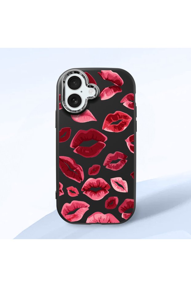 iPhone 17 Compatible Case Camera Protector Black Kiss Pattern Silicone Lover Couple Phone Case