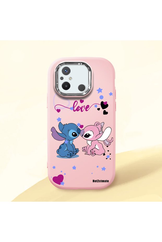 Redmi 12C Compatible Case Camera Protector Pink Stitch Patterned Silicone Lover Couple Phone Case