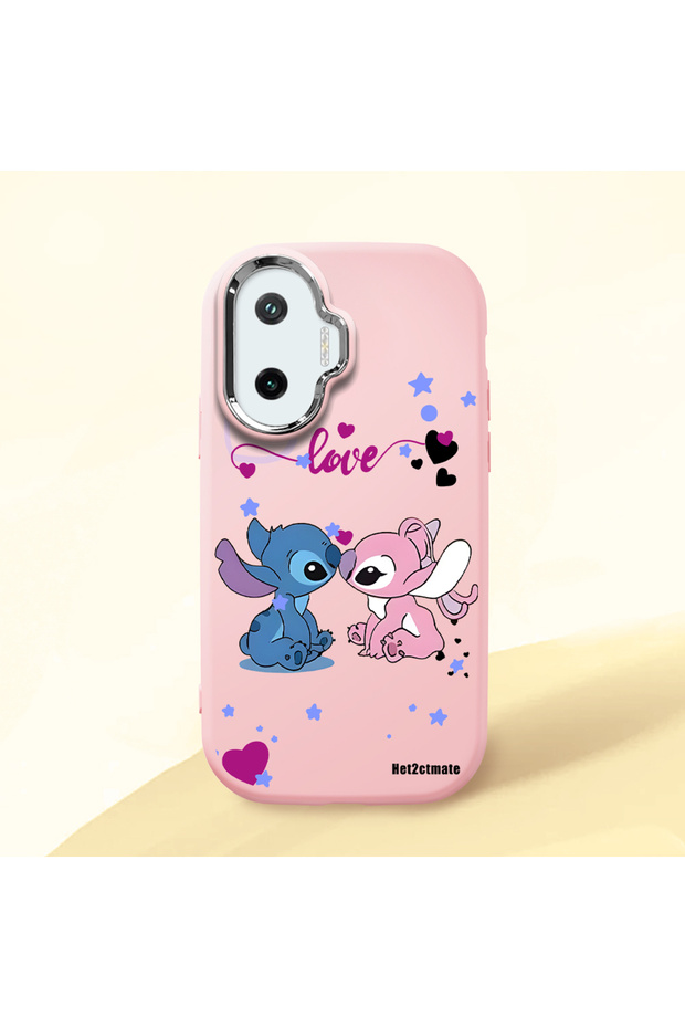 Poco F7 Compatible Case Camera Protector Pink Stitch Pattern Silicone Lover Couple Phone Case